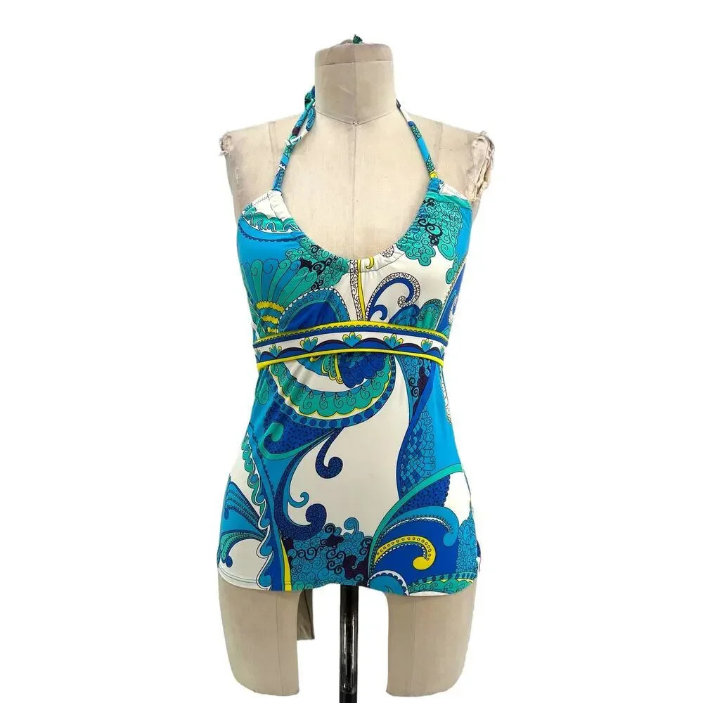 Trina Turk Ipanema Geometric Print Halter Swim Tankini Top White‎ Blue Size US 6